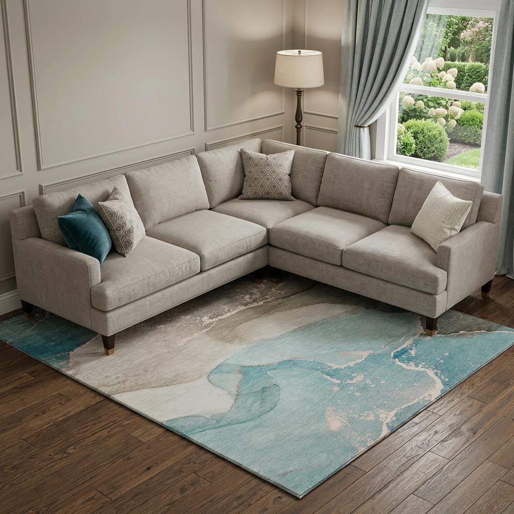 8 X 10 Teal Beige And Ivory Abstract Washable Area Rug With UV Protection