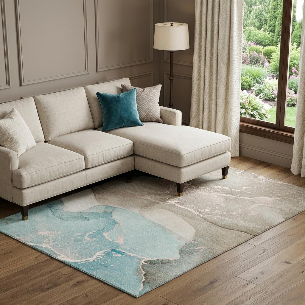 9 X 12 Teal Beige And Ivory Abstract Washable Area Rug With UV Protection