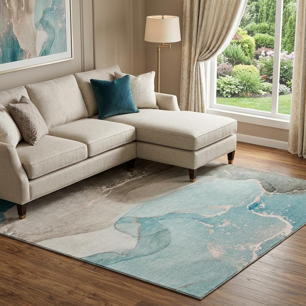 10 X 14 Teal Beige And Ivory Abstract Washable Area Rug With UV Protection