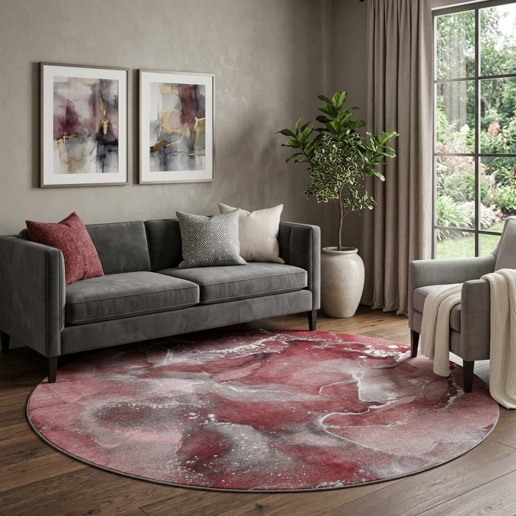 8 Merlot And Ivory Abstract Washable Round Rug With UV Protection