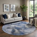 8 Navy Blue And Ivory Abstract Washable Round Rug With UV Protection