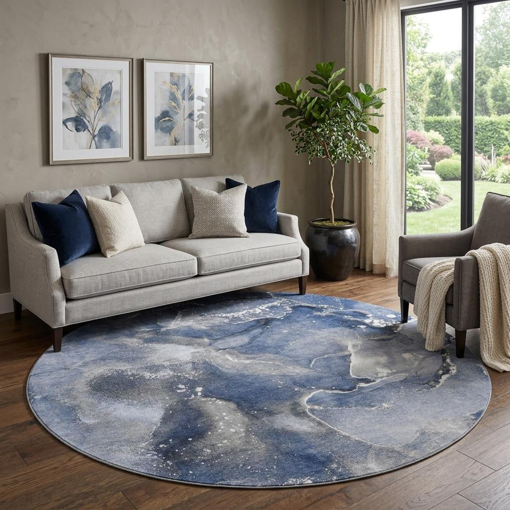 8 Navy Blue And Ivory Abstract Washable Round Rug With UV Protection