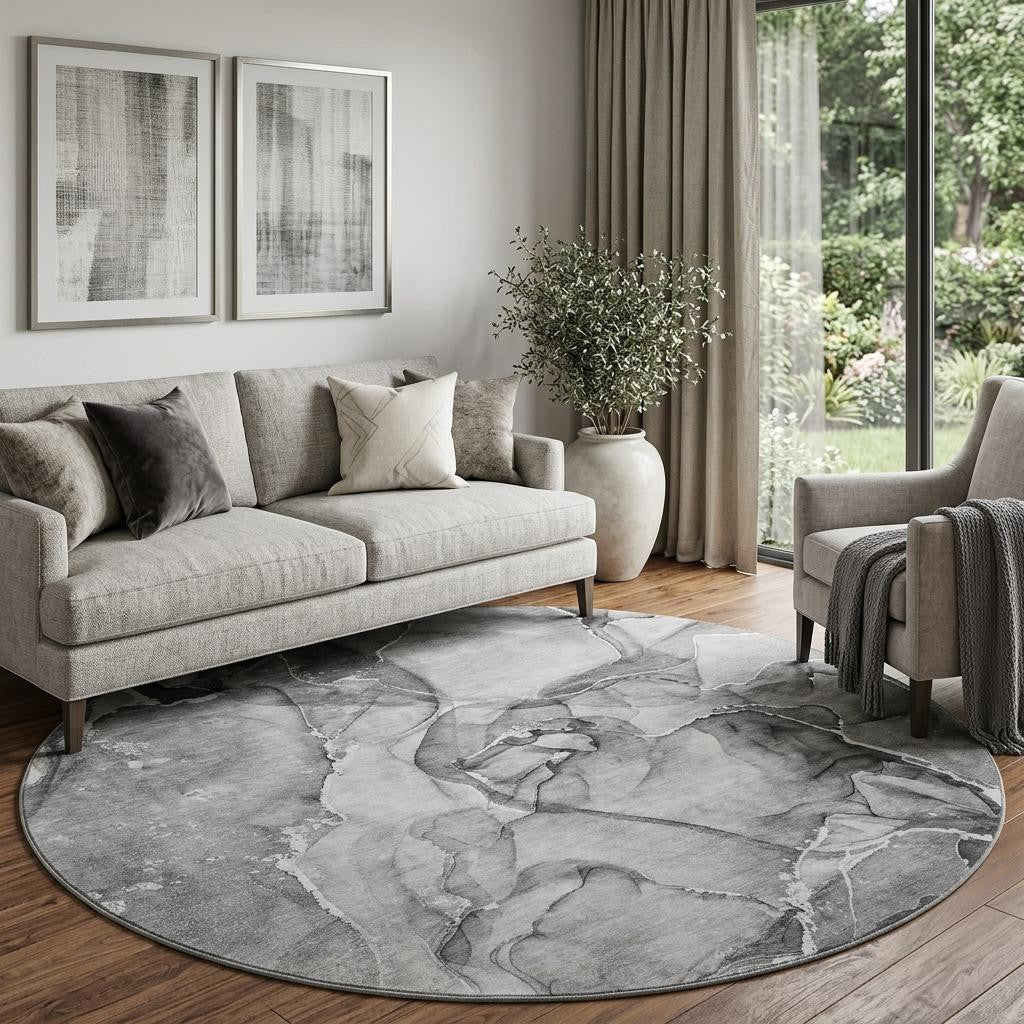 8 Pewter And Ivory Abstract Washable Round Rug With UV Protection