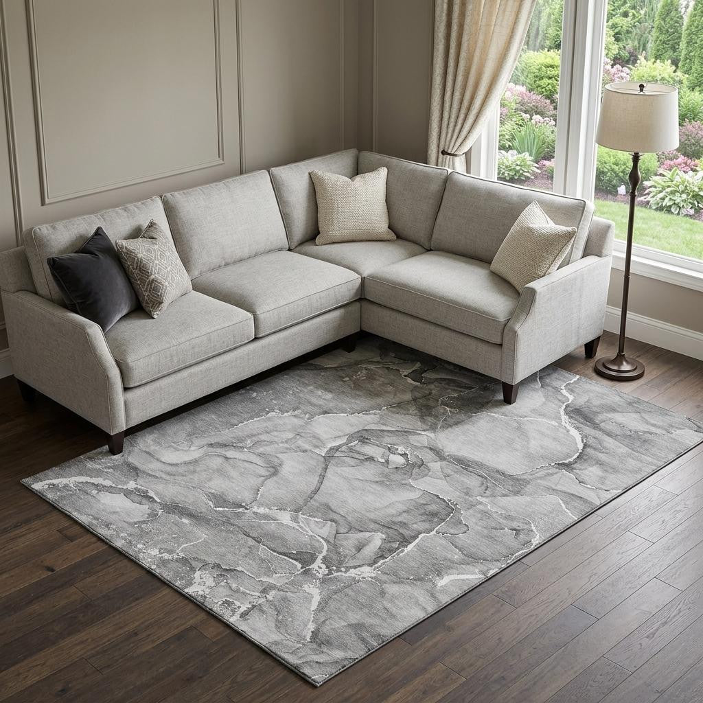 9 X 12 Pewter And Ivory Abstract Washable Area Rug With UV Protection