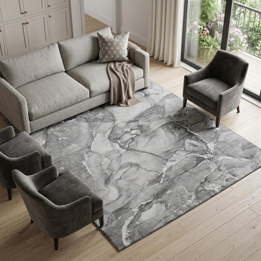 10 X 14 Pewter And Ivory Abstract Washable Area Rug With UV Protection