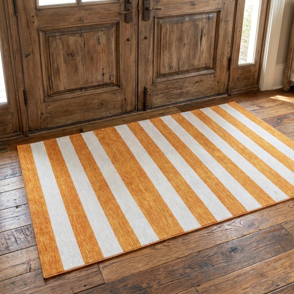 3 X 5 Orange And Ivory Striped Washable Area Rug With UV Protection
