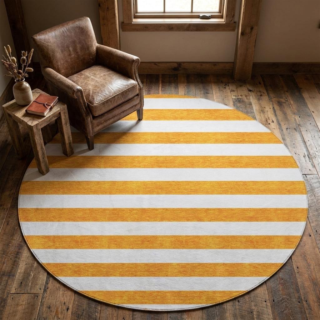 8 Orange And Ivory Striped Washable Round Rug With UV Protection