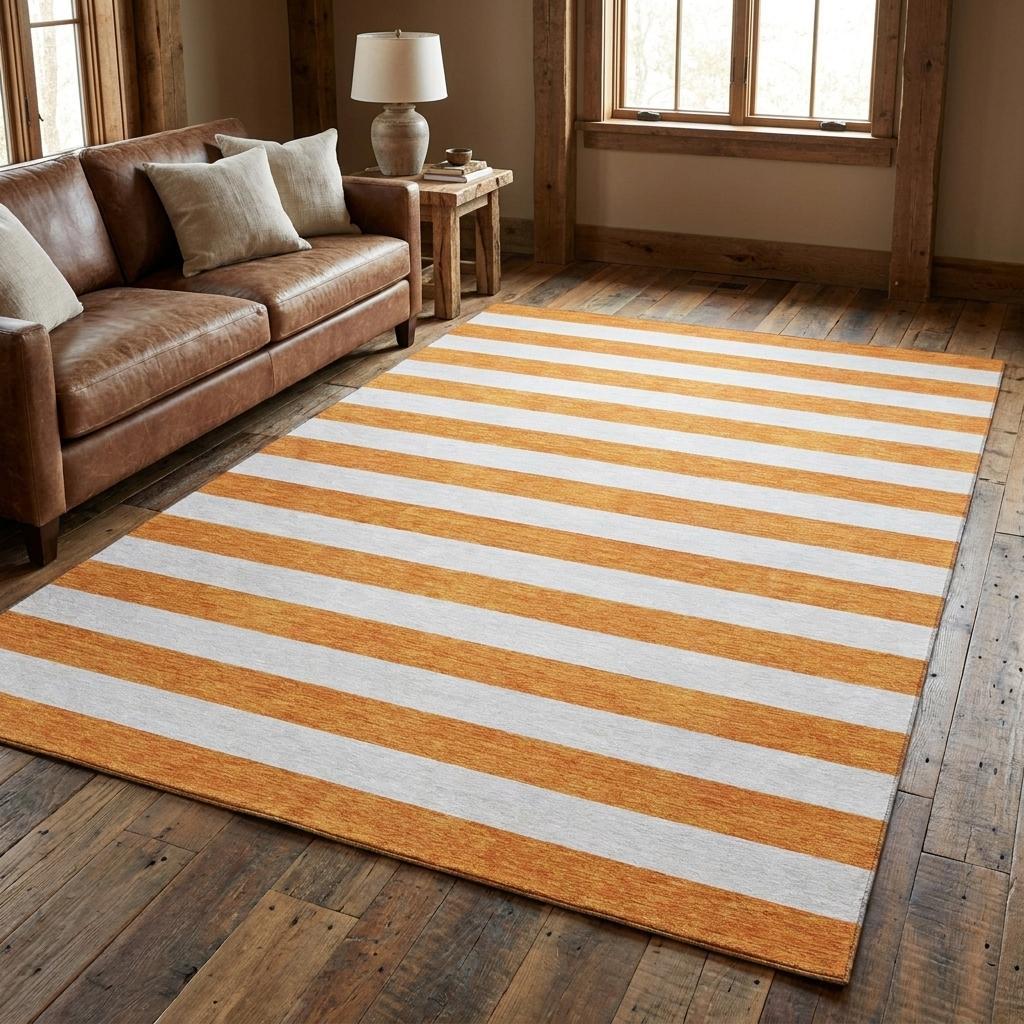 8 X 10 Orange And Ivory Striped Washable Area Rug With UV Protection