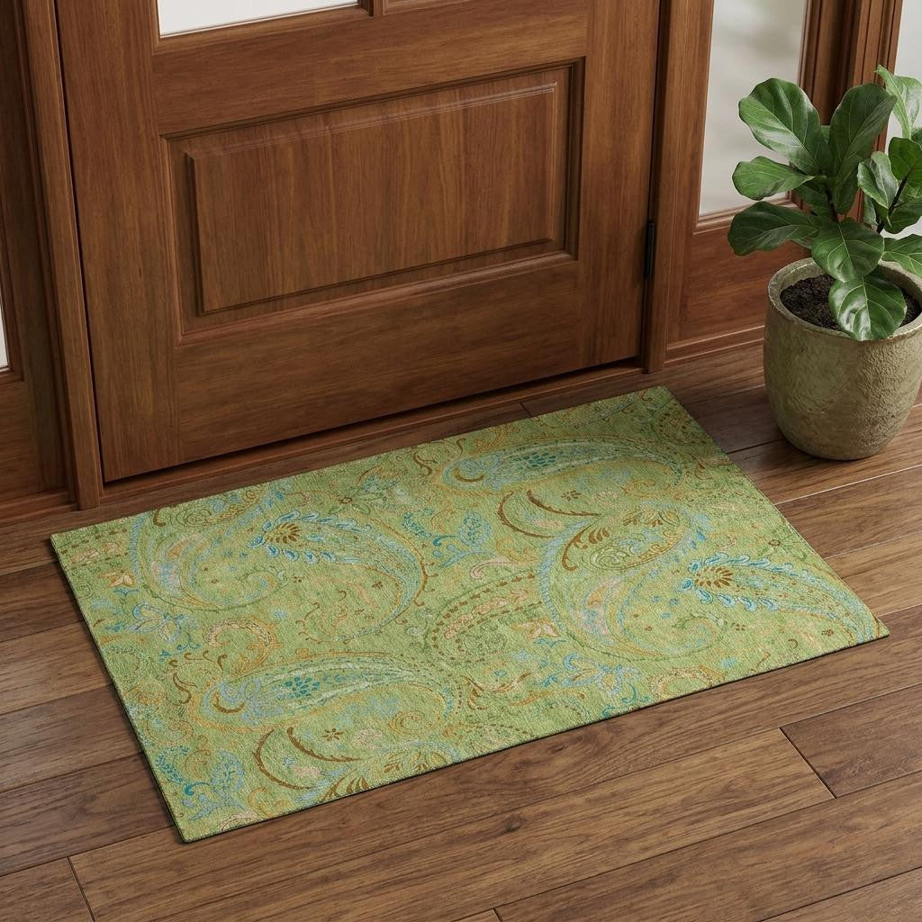 3 X 5 Fern Green And Blue Paisley Washable Area Rug With UV Protection