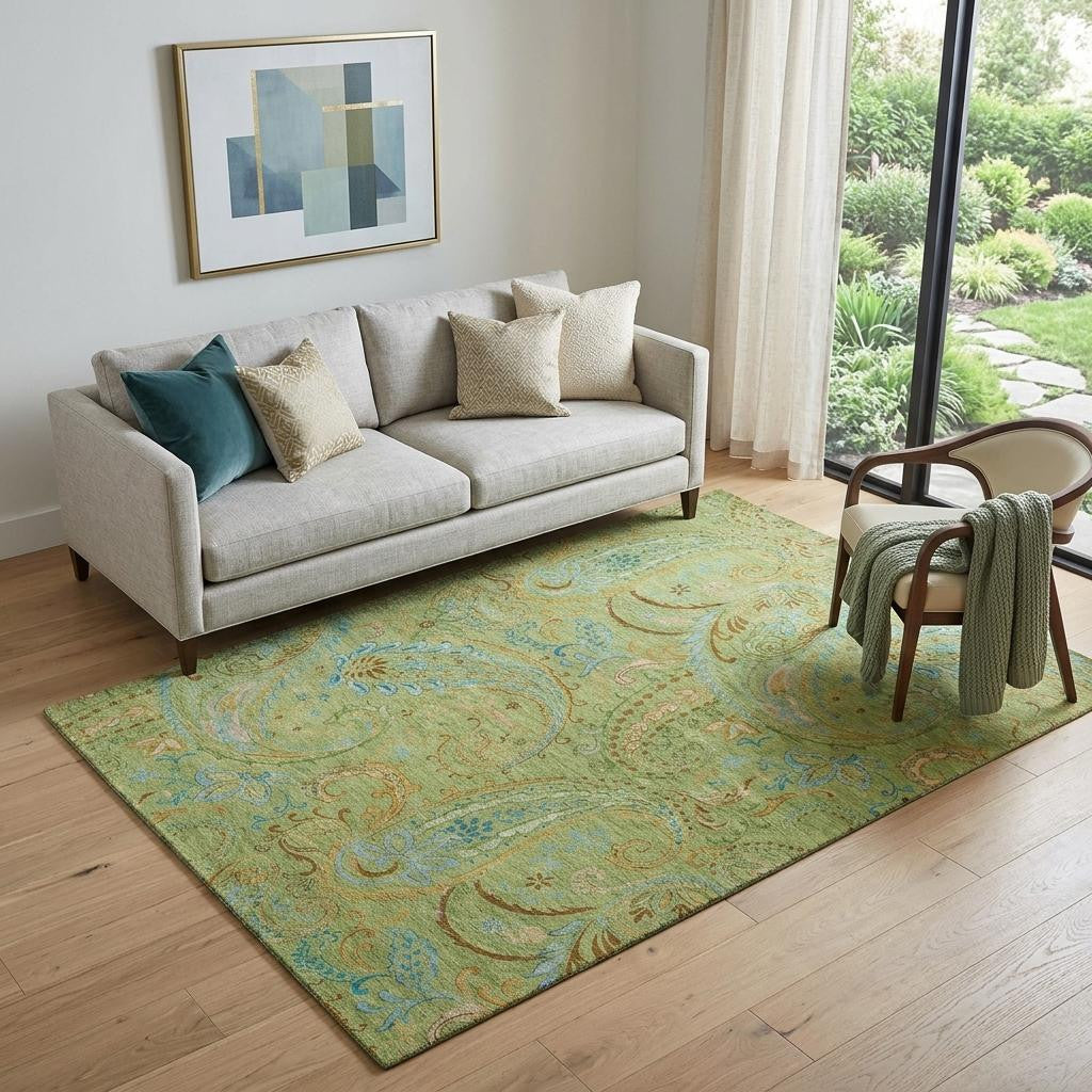 5 X 8 Fern Green And Blue Paisley Washable Area Rug With UV Protection