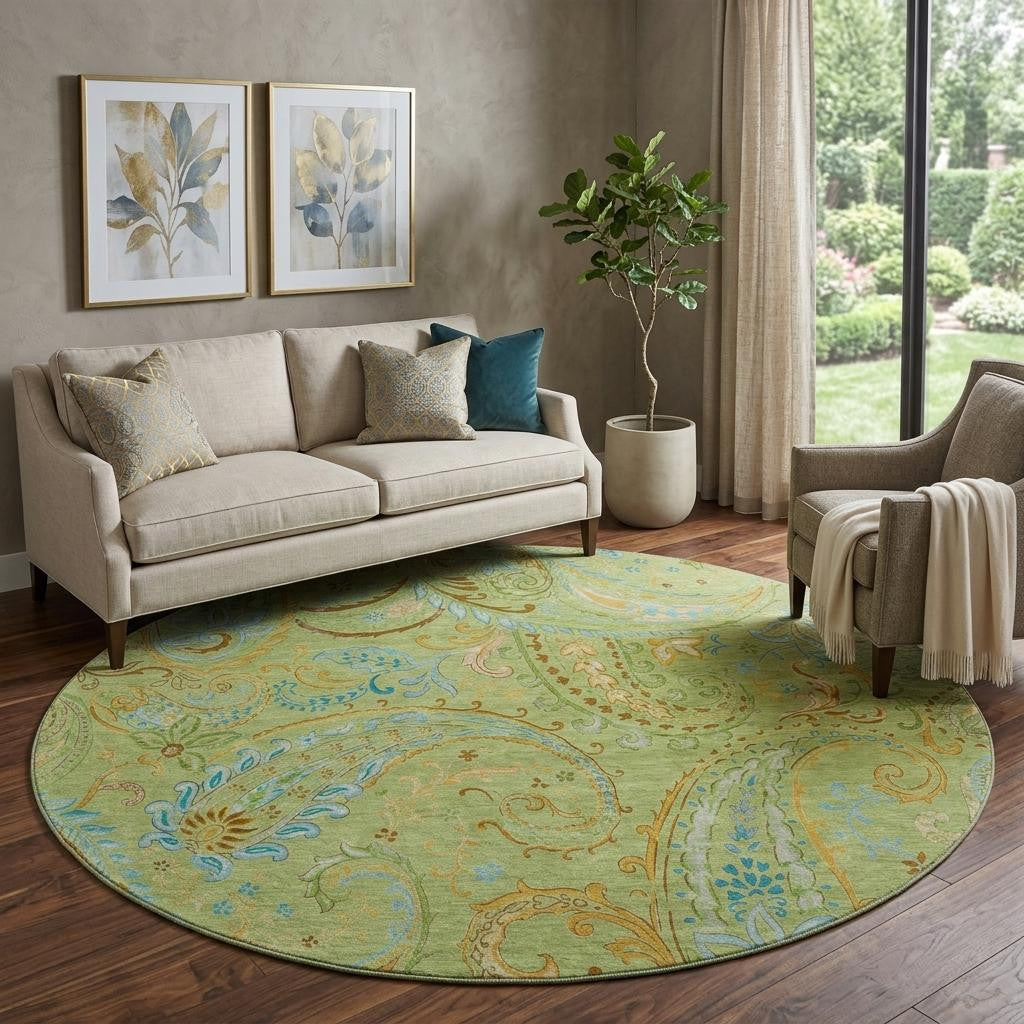8 Fern Green And Blue Paisley Washable Round Rug With UV Protection