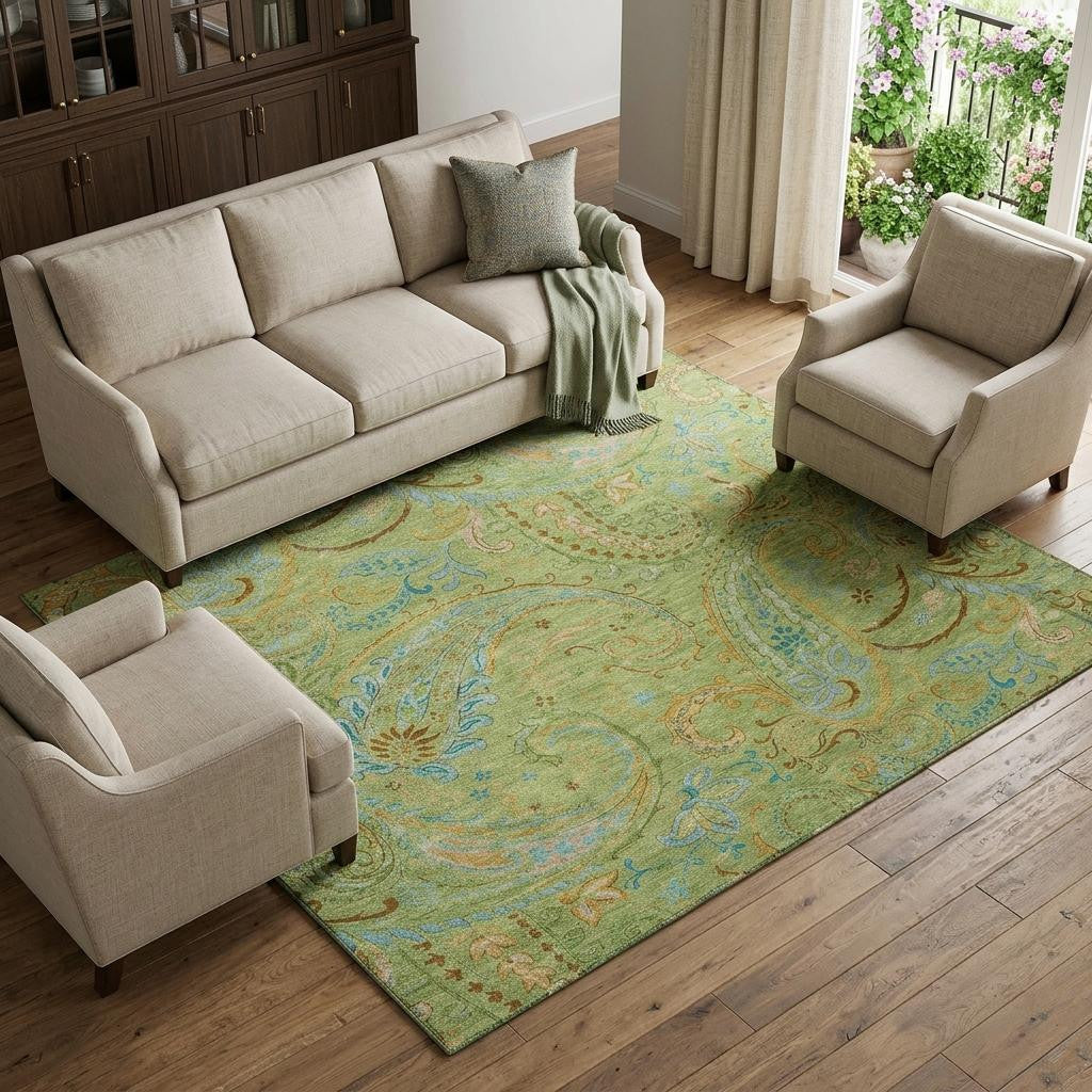 9 X 12 Fern Green And Blue Paisley Washable Area Rug With UV Protection