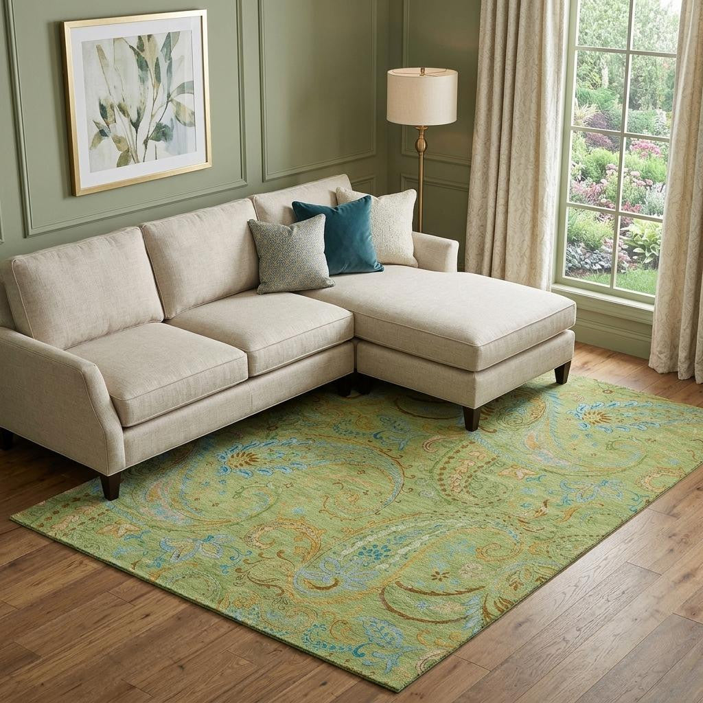 10 X 14 Fern Green And Blue Paisley Washable Area Rug With UV Protection