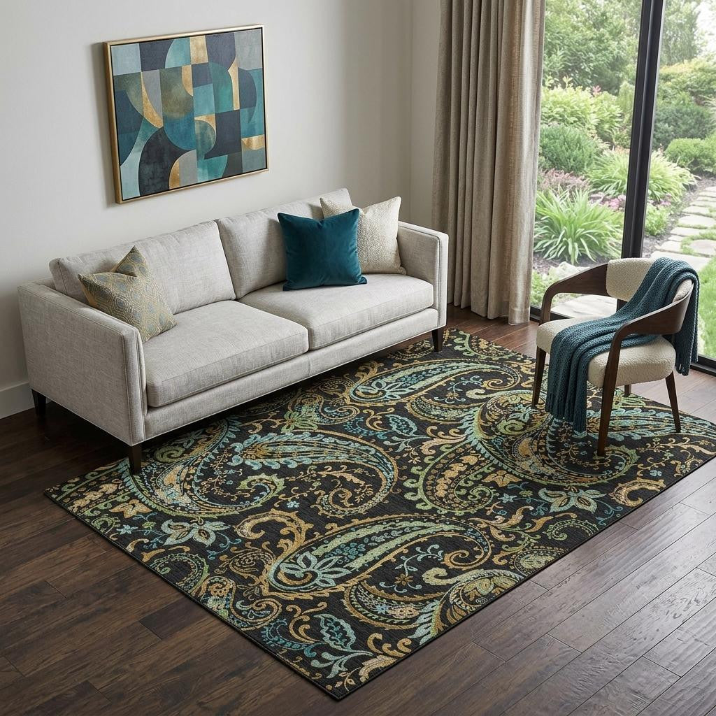 5 X 8 Black Blue And Green Paisley Washable Area Rug With UV Protection