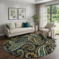 8 Black Blue And Green Paisley Washable Round Rug With UV Protection