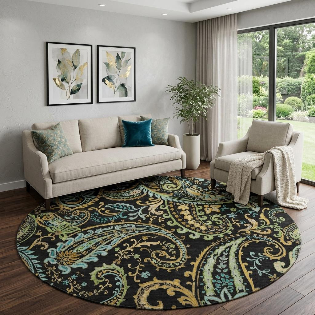 8 Black Blue And Green Paisley Washable Round Rug With UV Protection