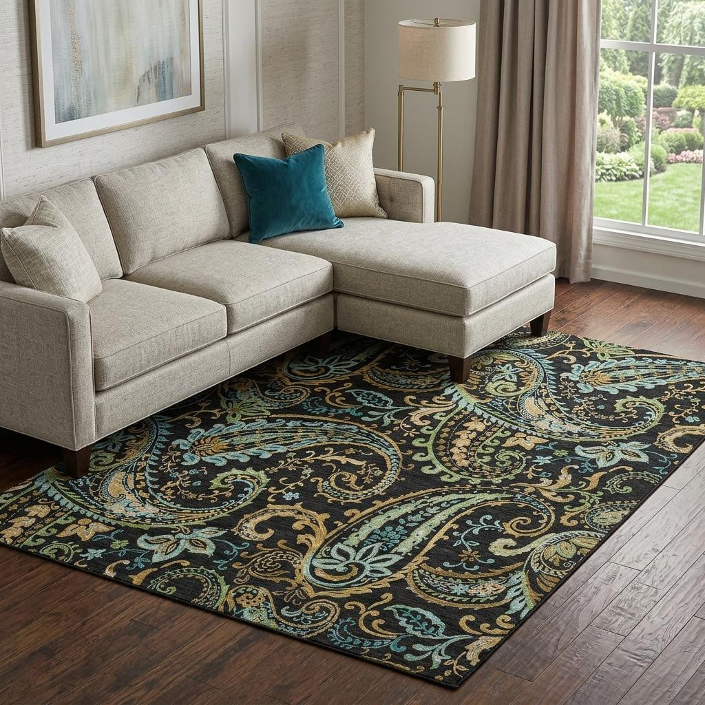 8 X 10 Black Blue And Green Paisley Washable Area Rug With UV Protection