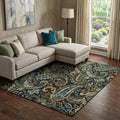9 X 12 Black Blue And Green Paisley Washable Area Rug With UV Protection