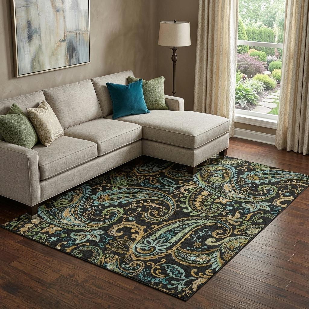 9 X 12 Black Blue And Green Paisley Washable Area Rug With UV Protection