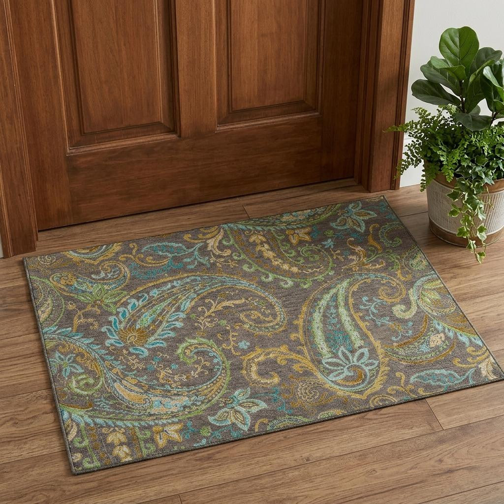 3 X 5 Chocolate Blue And Green Paisley Washable Area Rug With UV Protection