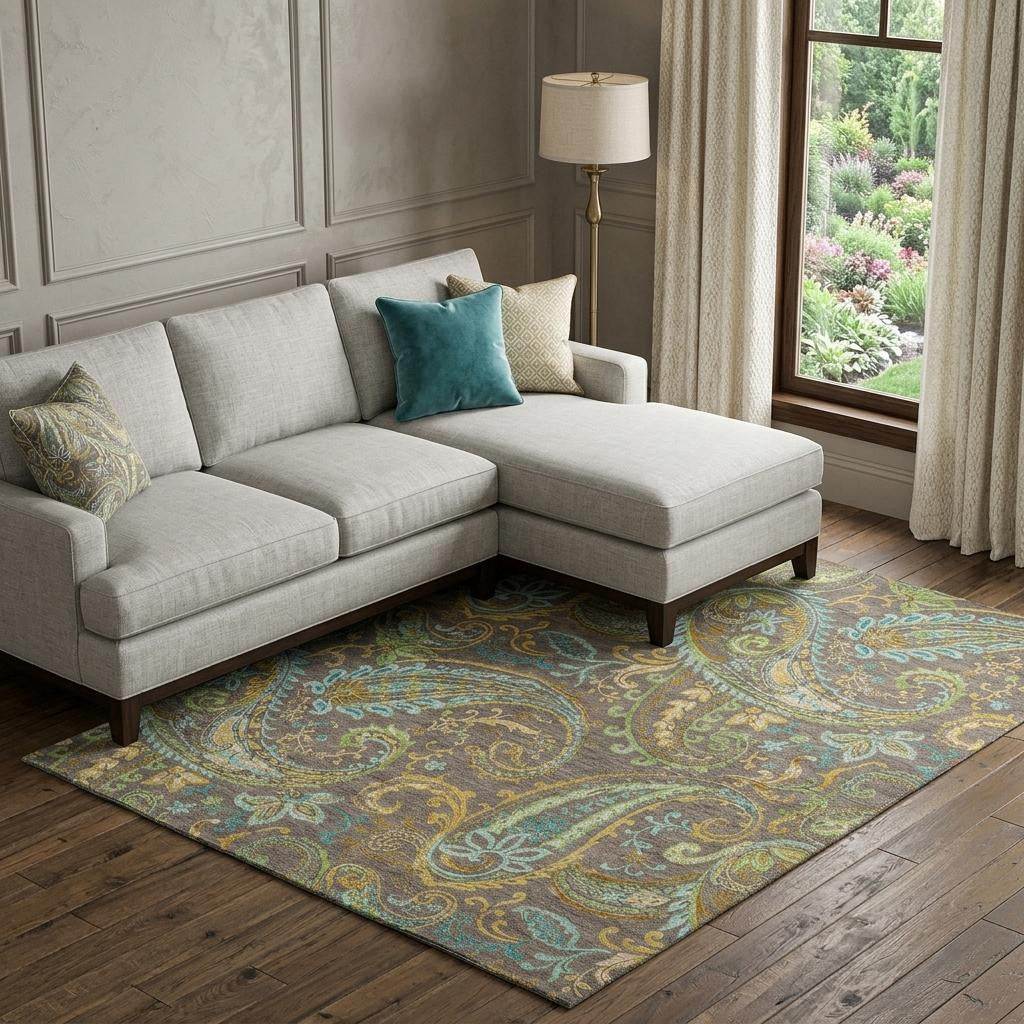 8 X 10 Chocolate Blue And Green Paisley Washable Area Rug With UV Protection