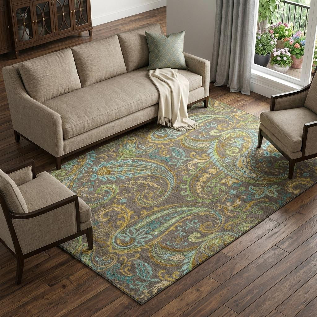 9 X 12 Chocolate Blue And Green Paisley Washable Area Rug With UV Protection