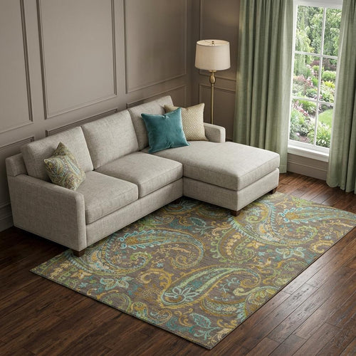 10 X 14 Chocolate Blue And Green Paisley Washable Area Rug With UV Protection