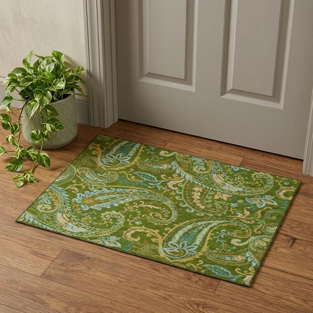 3 X 5 Green And Blue Paisley Washable Area Rug With UV Protection