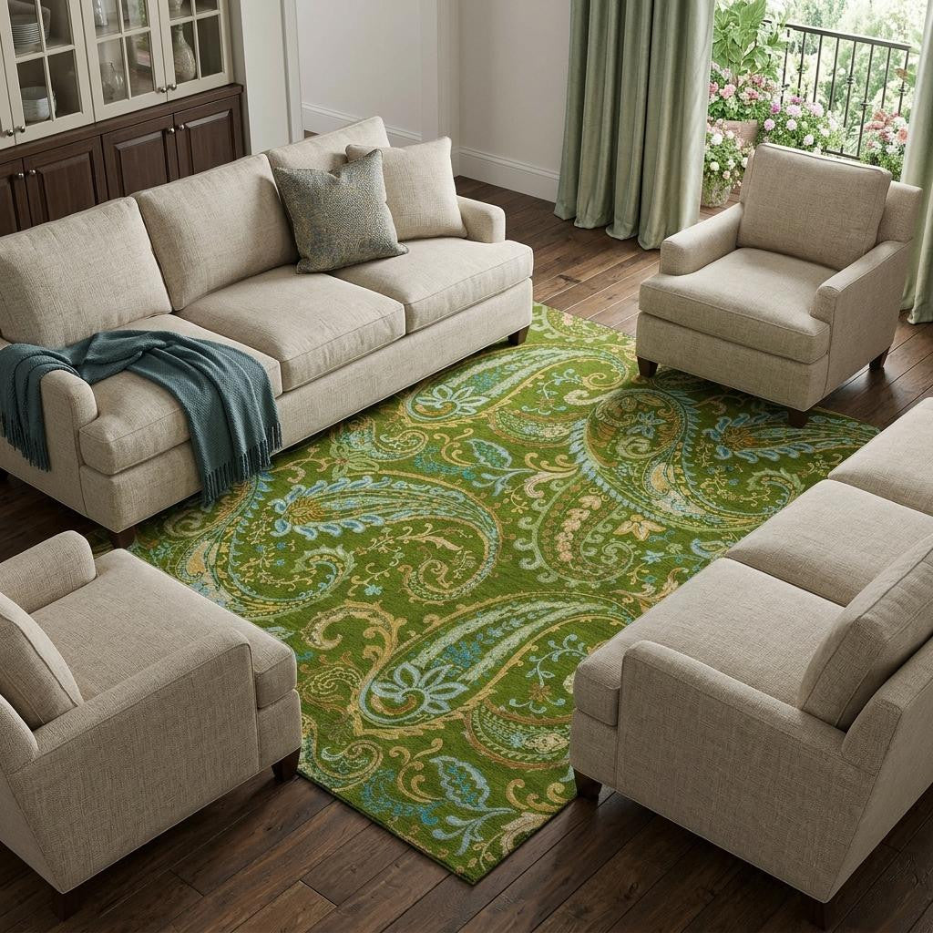 8 X 10 Green And Blue Paisley Washable Area Rug With UV Protection