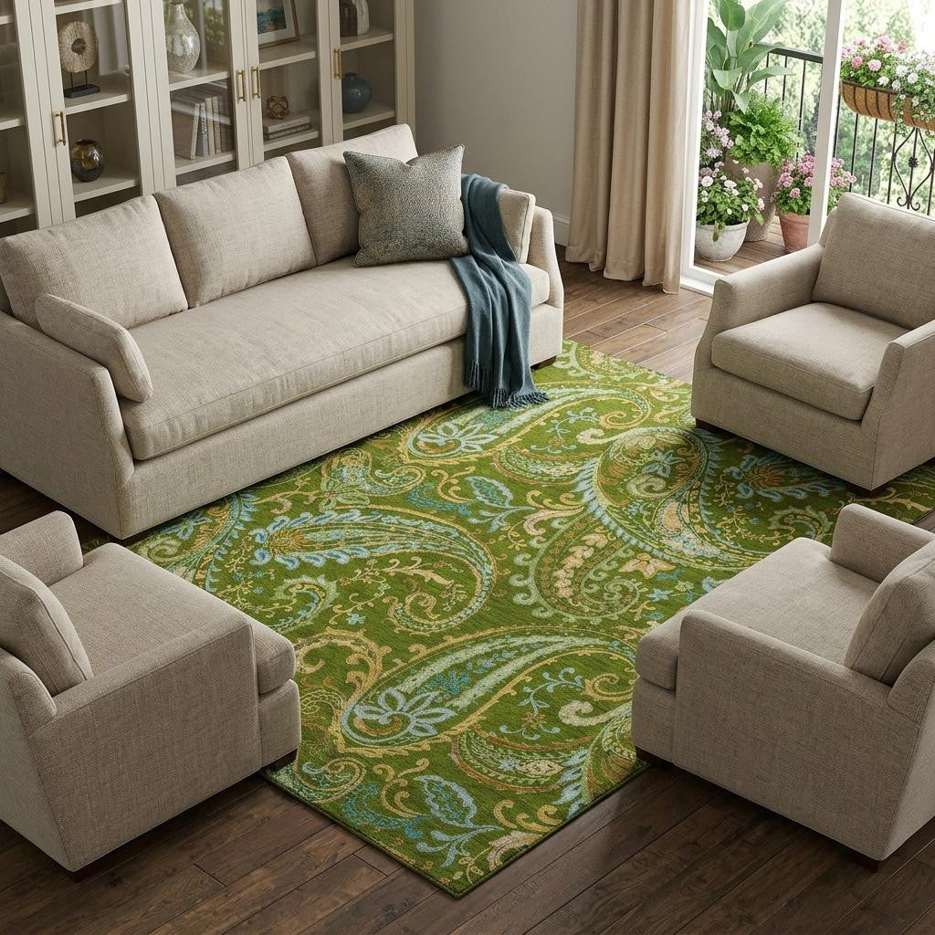9 X 12 Green And Blue Paisley Distressed Washable Area Rug With UV Protection