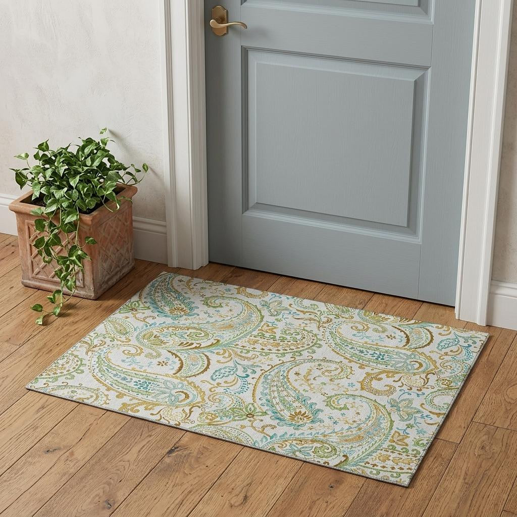 3 X 5 Ivory Blue And Green Paisley Washable Area Rug With UV Protection