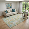 5 X 8 Ivory Blue And Green Paisley Distressed Washable Area Rug With UV Protection