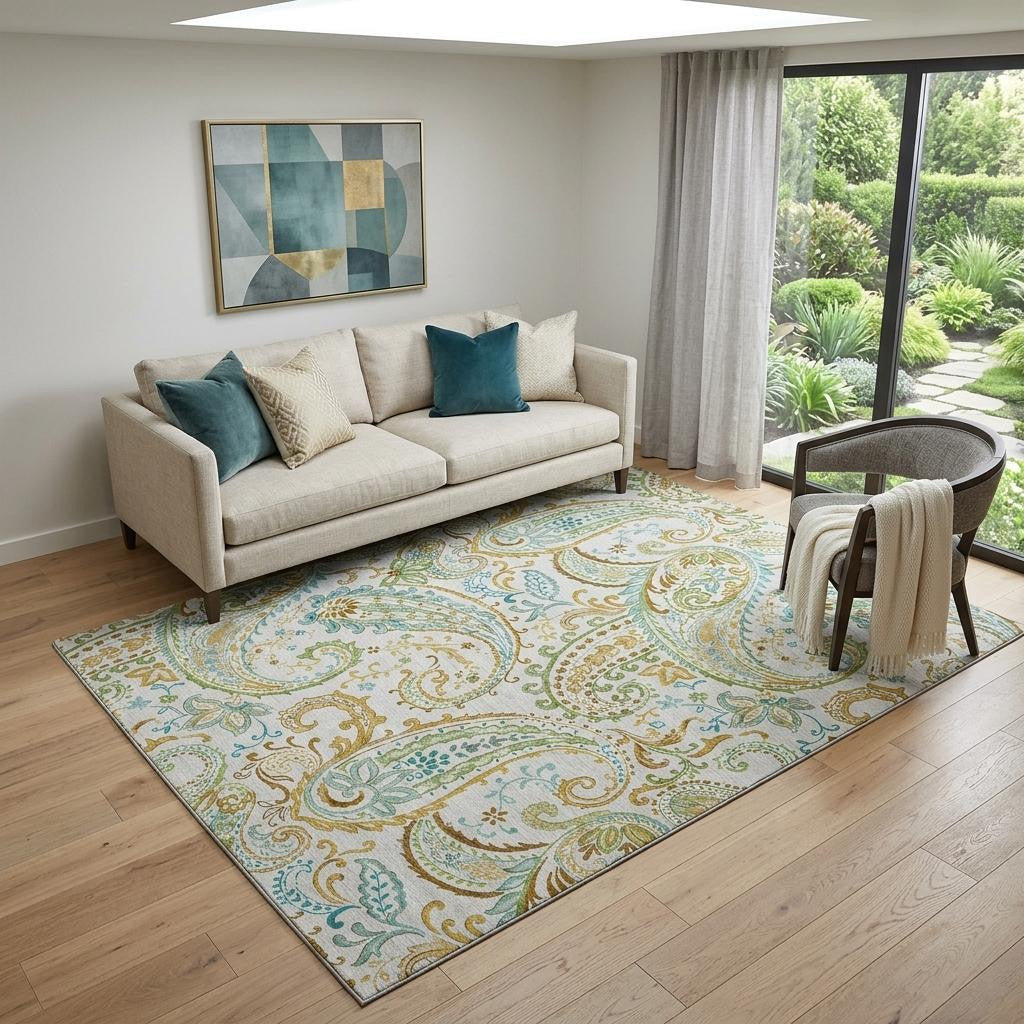 5 X 8 Ivory Blue And Green Paisley Distressed Washable Area Rug With UV Protection