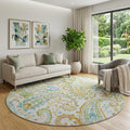 8 Ivory Blue And Green Paisley Distressed Washable Round Rug With UV Protection