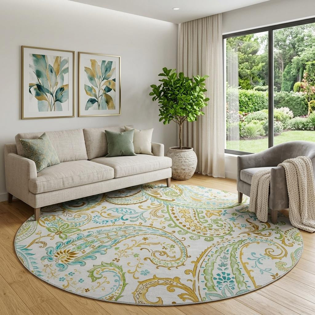 8 Ivory Blue And Green Paisley Distressed Washable Round Rug With UV Protection