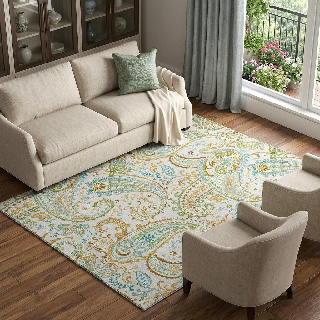 8 X 10 Ivory Blue And Green Paisley Washable Area Rug With UV Protection