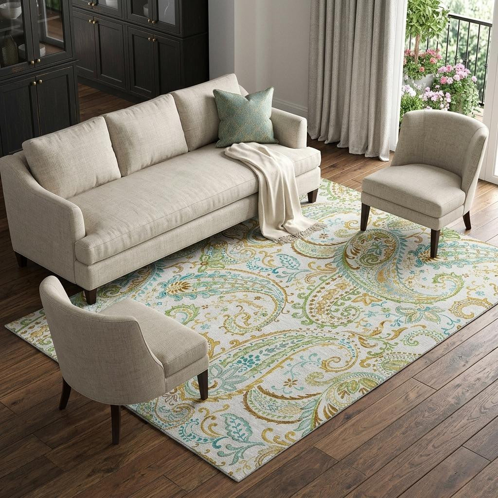 9 X 12 Ivory Blue And Green Paisley Distressed Washable Area Rug With UV Protection
