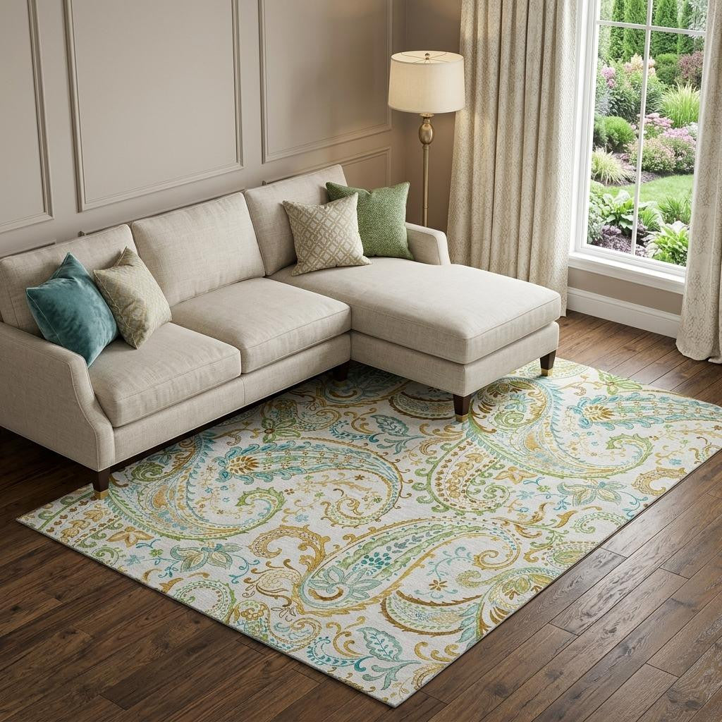 10 X 14 Ivory Blue And Green Paisley Washable Area Rug With UV Protection