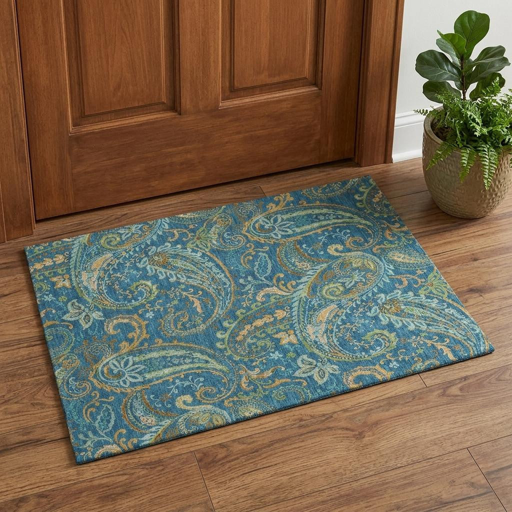3 X 5 Navy Blue Green And Gold Paisley Distressed Washable Area Rug With UV Protection