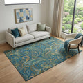 5 X 8 Navy Blue Green And Gold Paisley Washable Area Rug With UV Protection