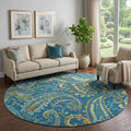 8 Navy Blue Green And Gold Paisley Distressed Washable Round Rug With UV Protection