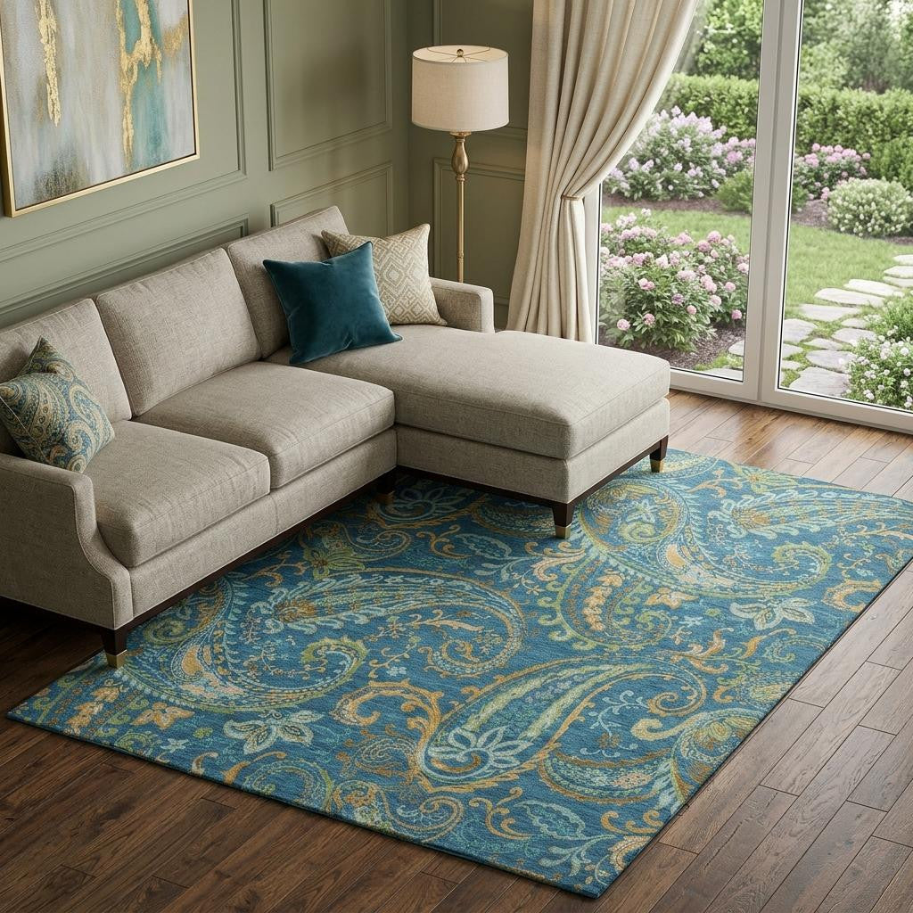 8 X 10 Navy Blue Green And Gold Paisley Distressed Washable Area Rug With UV Protection