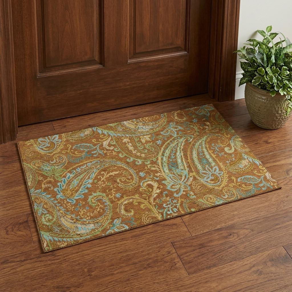 3 X 5 Rust Blue And Green Paisley Washable Area Rug With UV Protection
