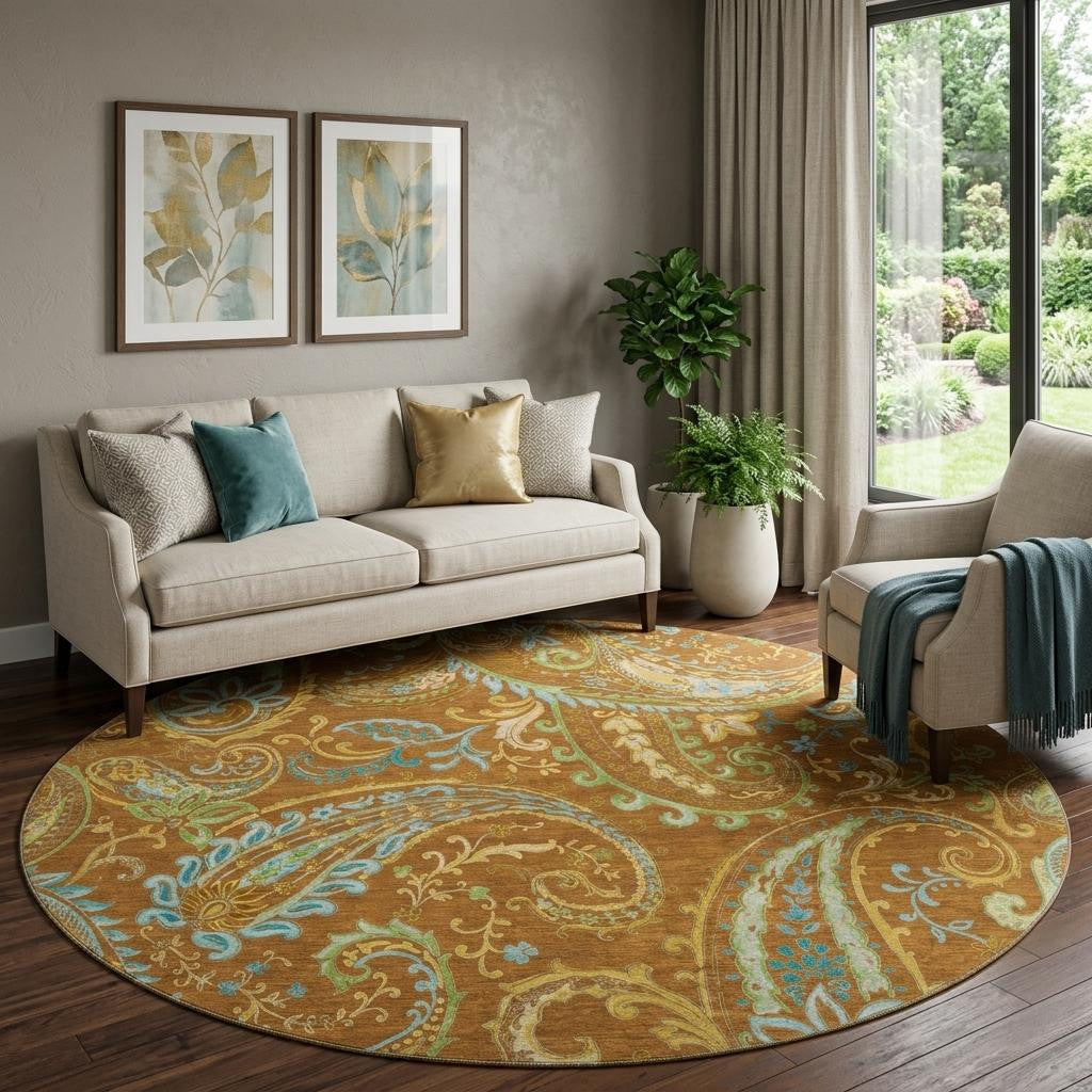 8 Rust Blue And Green Paisley Washable Round Rug With UV Protection