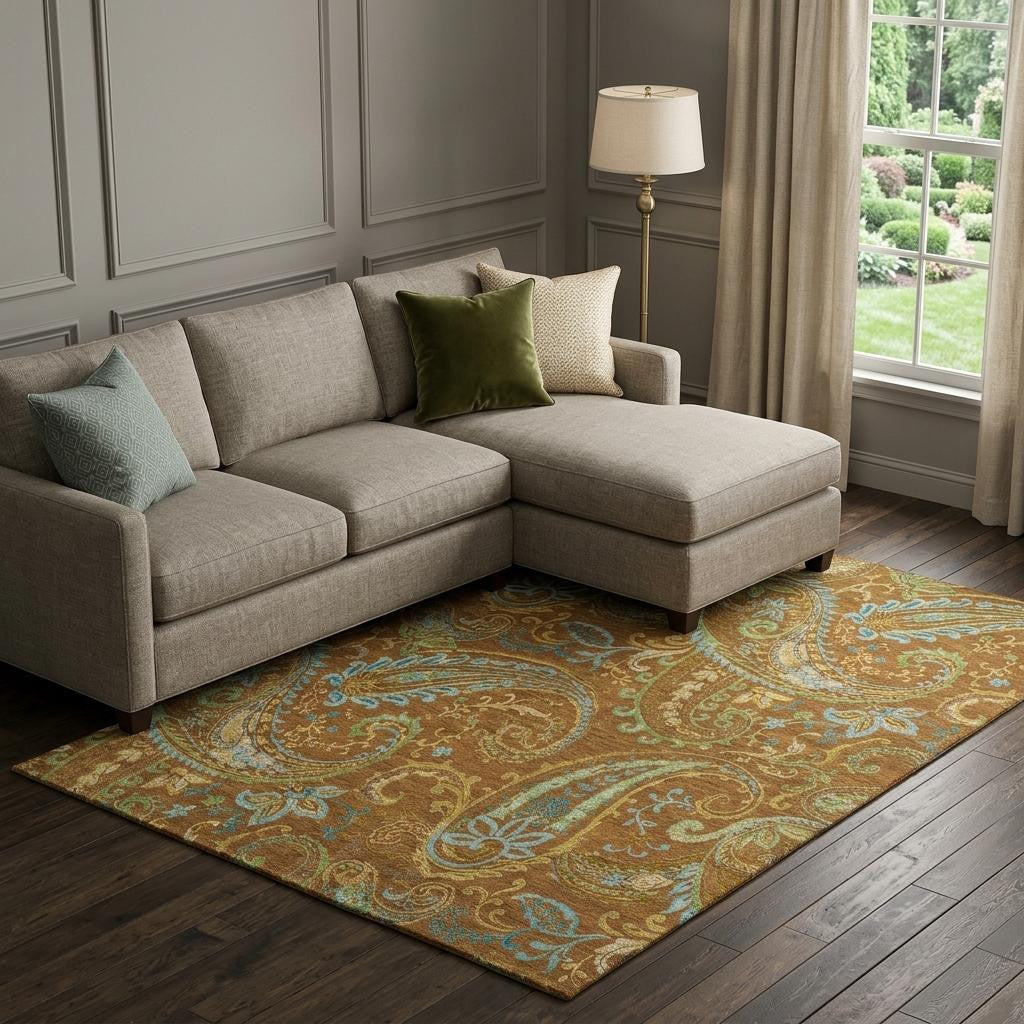 8 X 10 Rust Blue And Green Paisley Washable Area Rug With UV Protection
