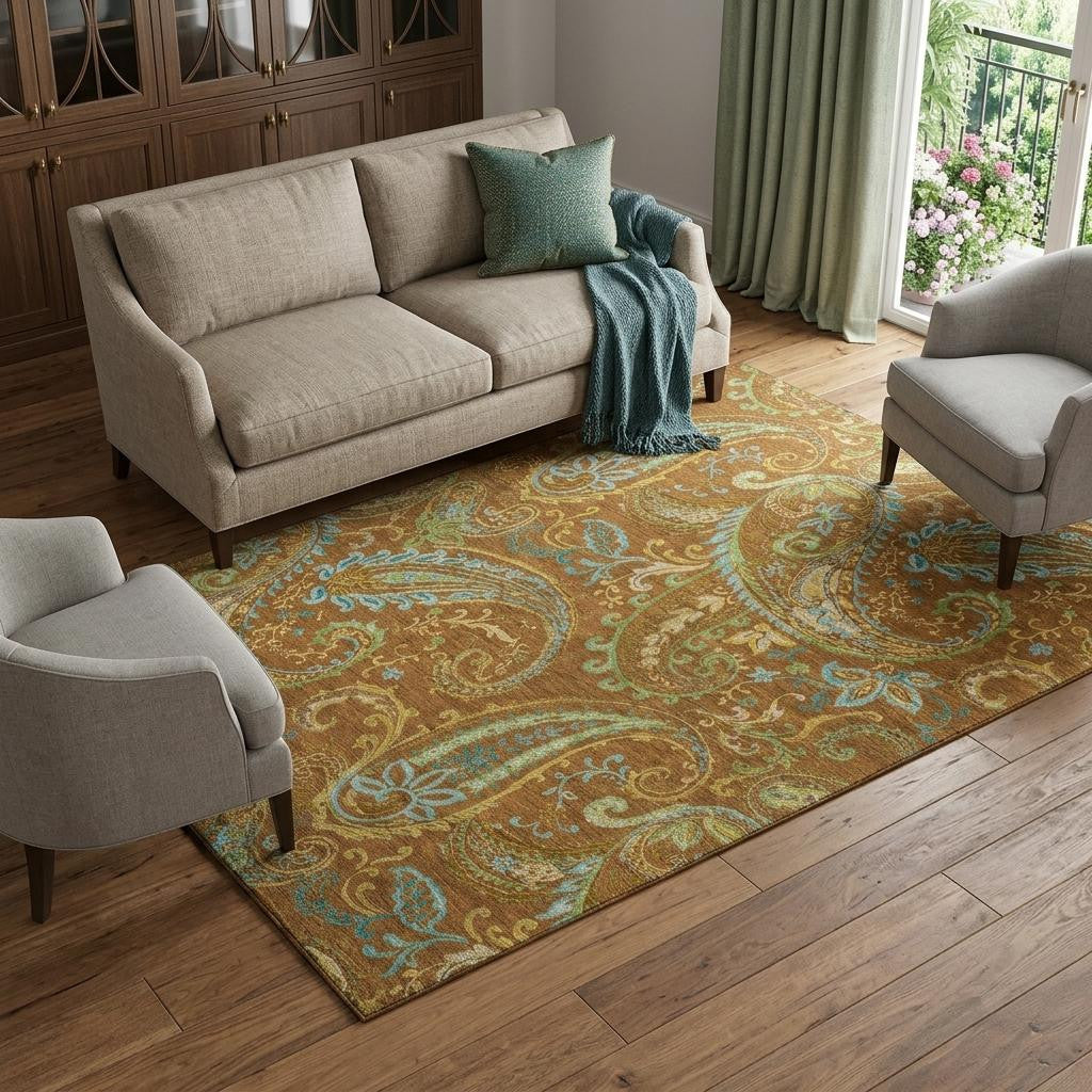 9 X 12 Rust Blue And Green Paisley Washable Area Rug With UV Protection
