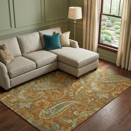 10 X 14 Rust Blue And Green Paisley Washable Area Rug With UV Protection