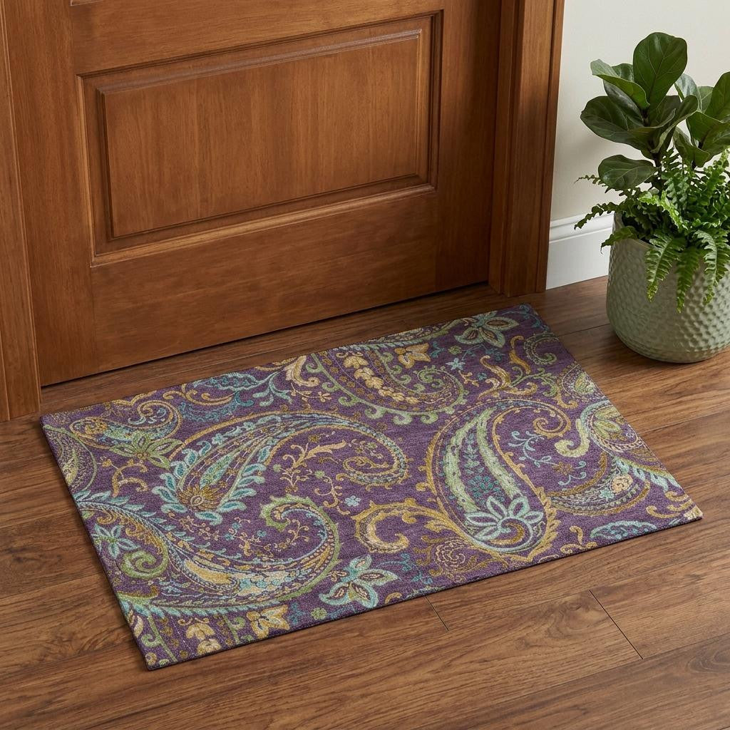 3 X 5 Purple Green And Blue Paisley Distressed Washable Area Rug With UV Protection