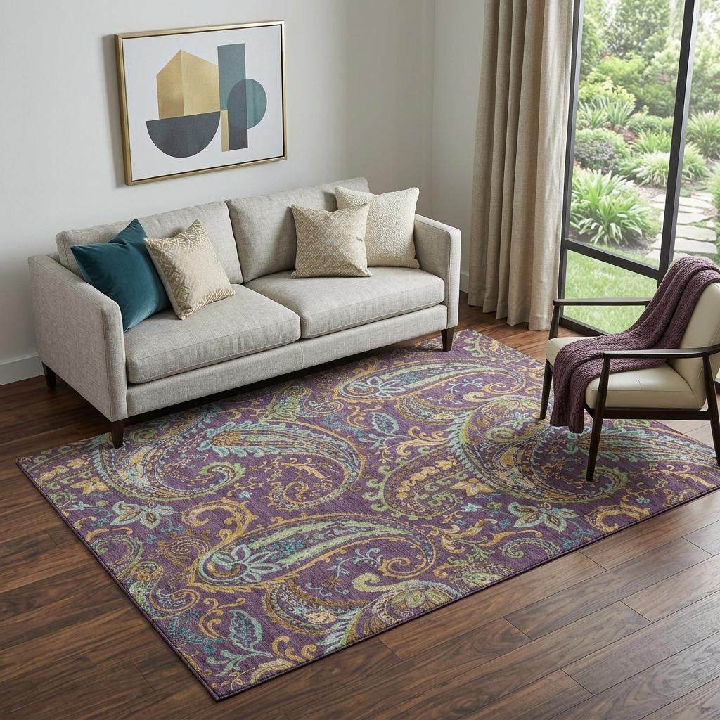 5 X 8 Purple Green And Blue Paisley Washable Area Rug With UV Protection