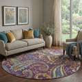 8 Purple Green And Blue Paisley Washable Round Rug With UV Protection
